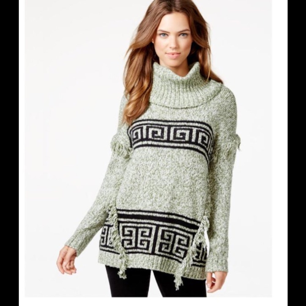 Kensie Fringed Geometric Turtle Neck Sweater
